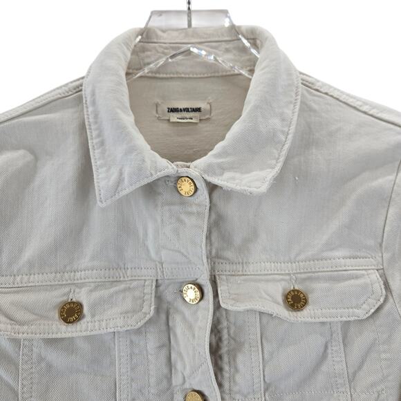Zadig & Voltaire Kioky Denim Jacket Cropped Blanc Off White Gold Womens Small - Picture 3 of 14
